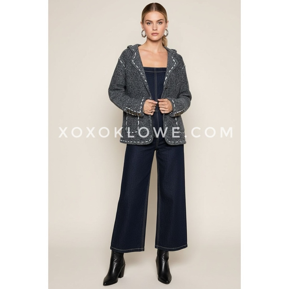 POL Dark Heather Grey Knit Blazer Cardigan | Contrast Stitch Sweater - Picture 8 of 9